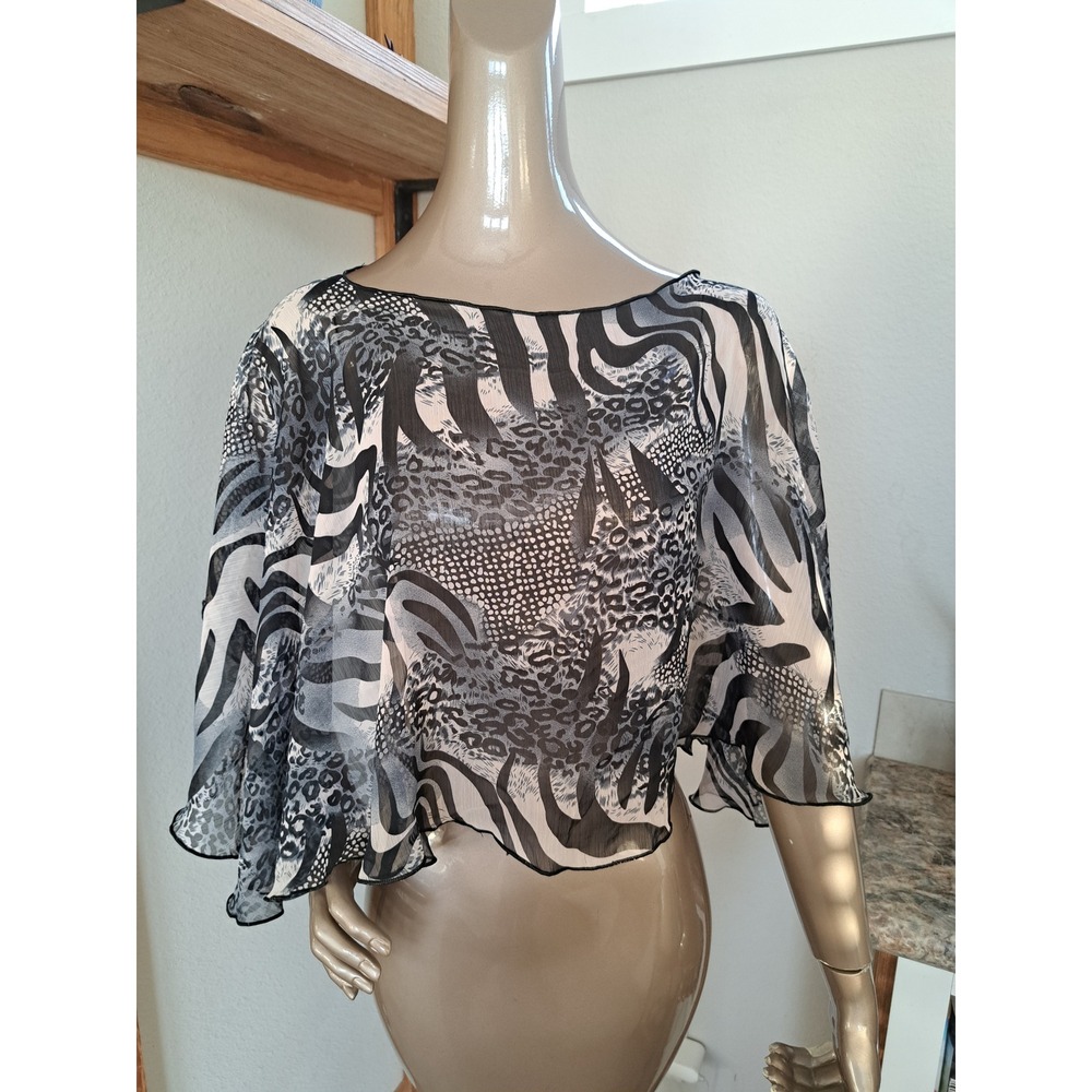 Mixed Animal Print Chiffon Cropped Poncho Top Zebra Leopard Gray Black